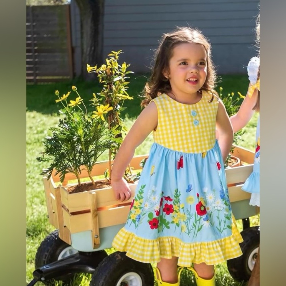 ELEANOR ROSE YELLOW AND BLUE FLORAL DRESS SIZE 7